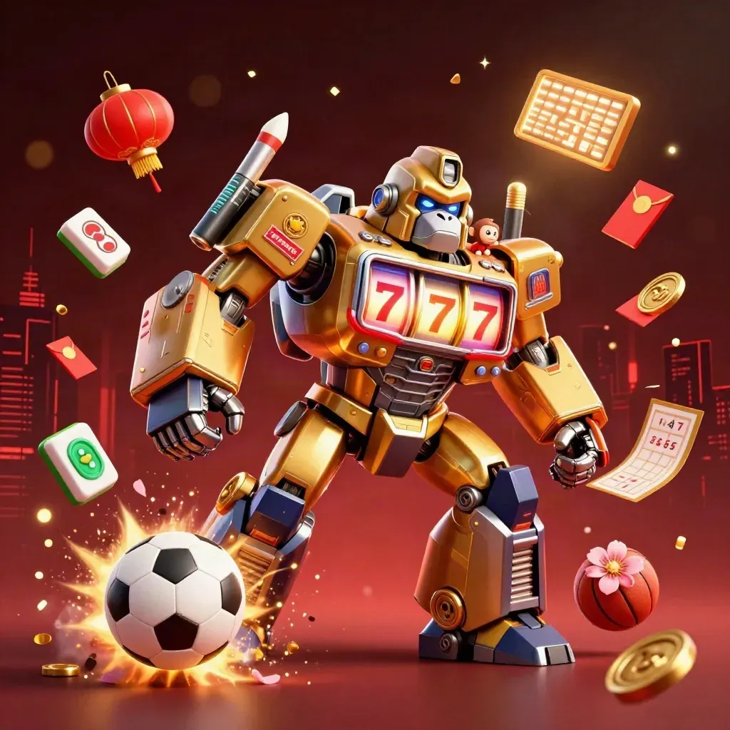Golden gorilla mech with sports balls, mahjong tiles, and neon casino light in a red-black blast.