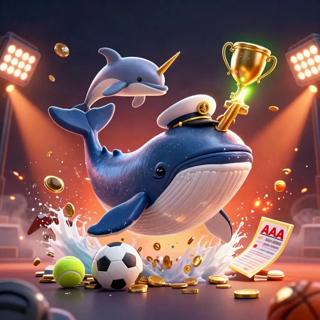 Whale, narwhal, and dolphins burst through coins with balls and stadium lights.
