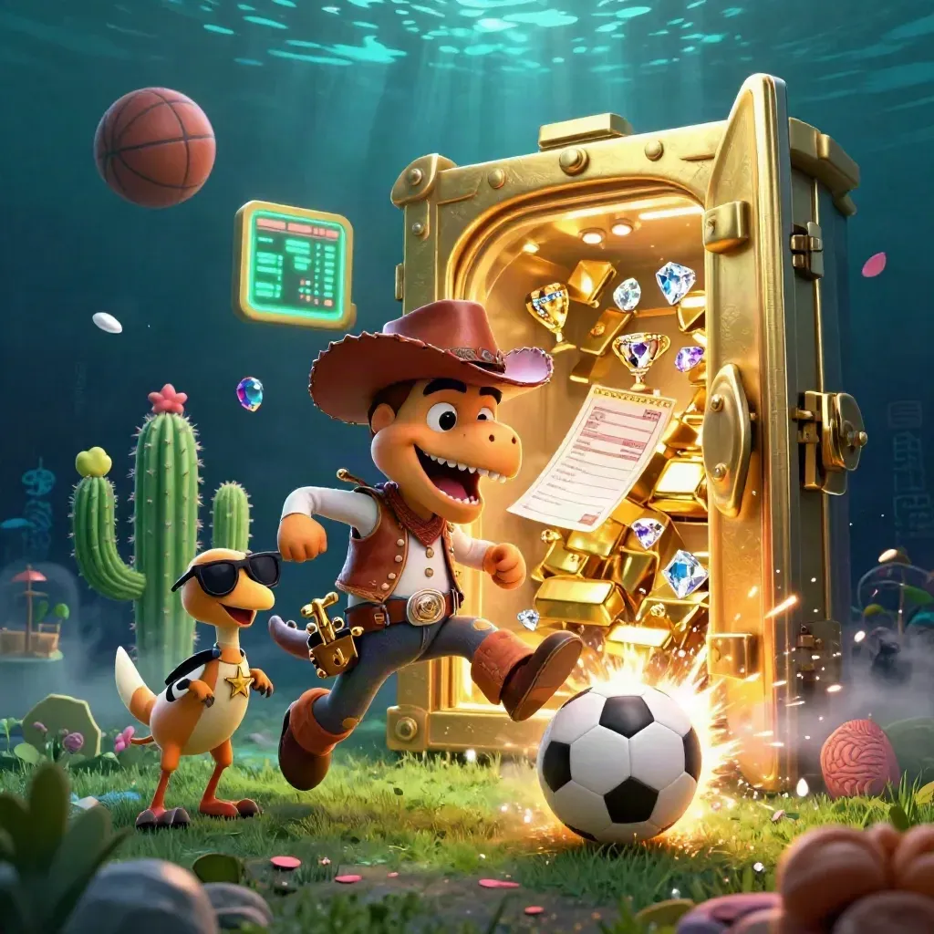 Cartoon cowboy T-Rex, cactus, and roadrunner amid treasure, sports gear, and neon casino light.
