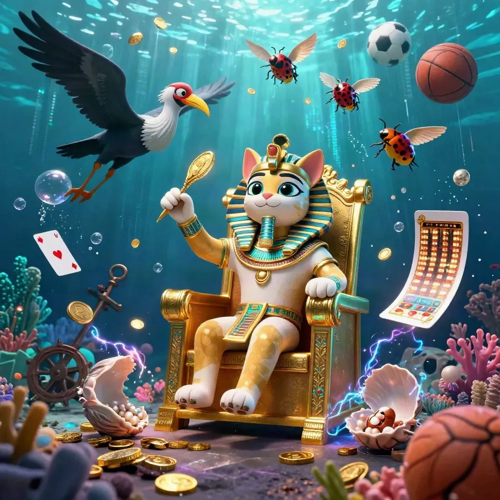 Pharaoh cat throne scene underwater with coins, coral, cards, and glowing effects