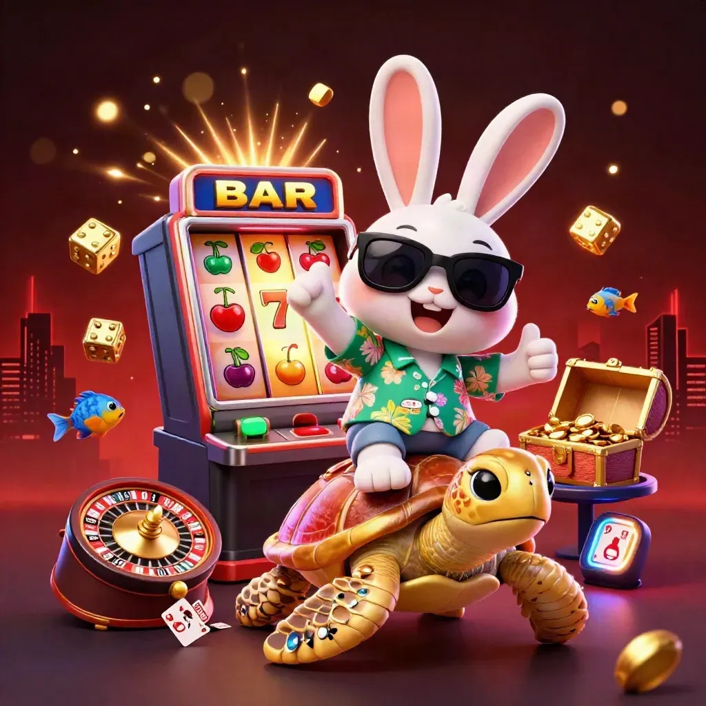 Rabbit on golden turtle amid slot burst, dice, chest, skyline glow, and casino lights.