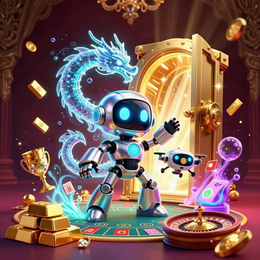 Cyberpunk robot, holographic dragon, and drone amid vault gold, gems, roulette, and casino glow