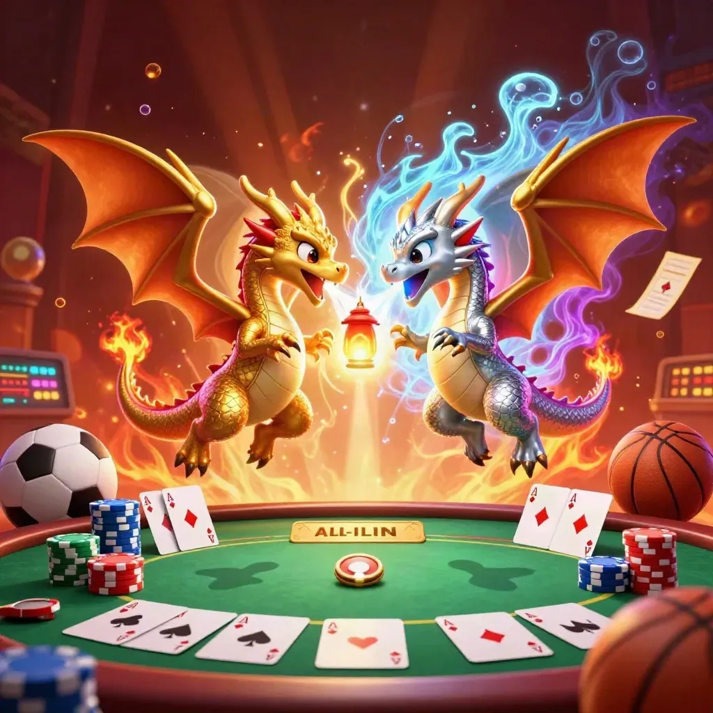 Gold and silver dragons swirl around poker chips, cards, balls, and neon casino light.