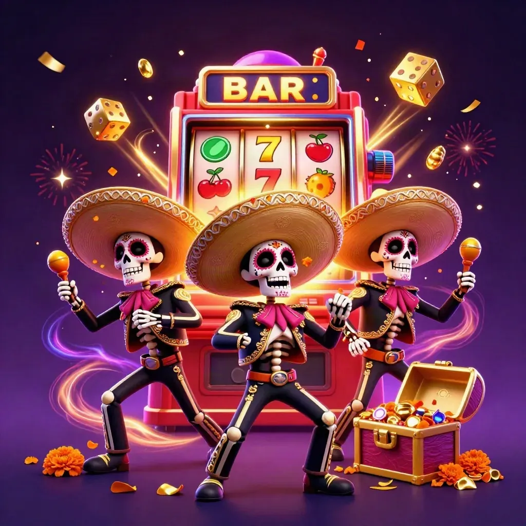 Day-of-the-Dead skeleton mariachi trio with exploding slot machine, gold, gems, and red neon casino energy