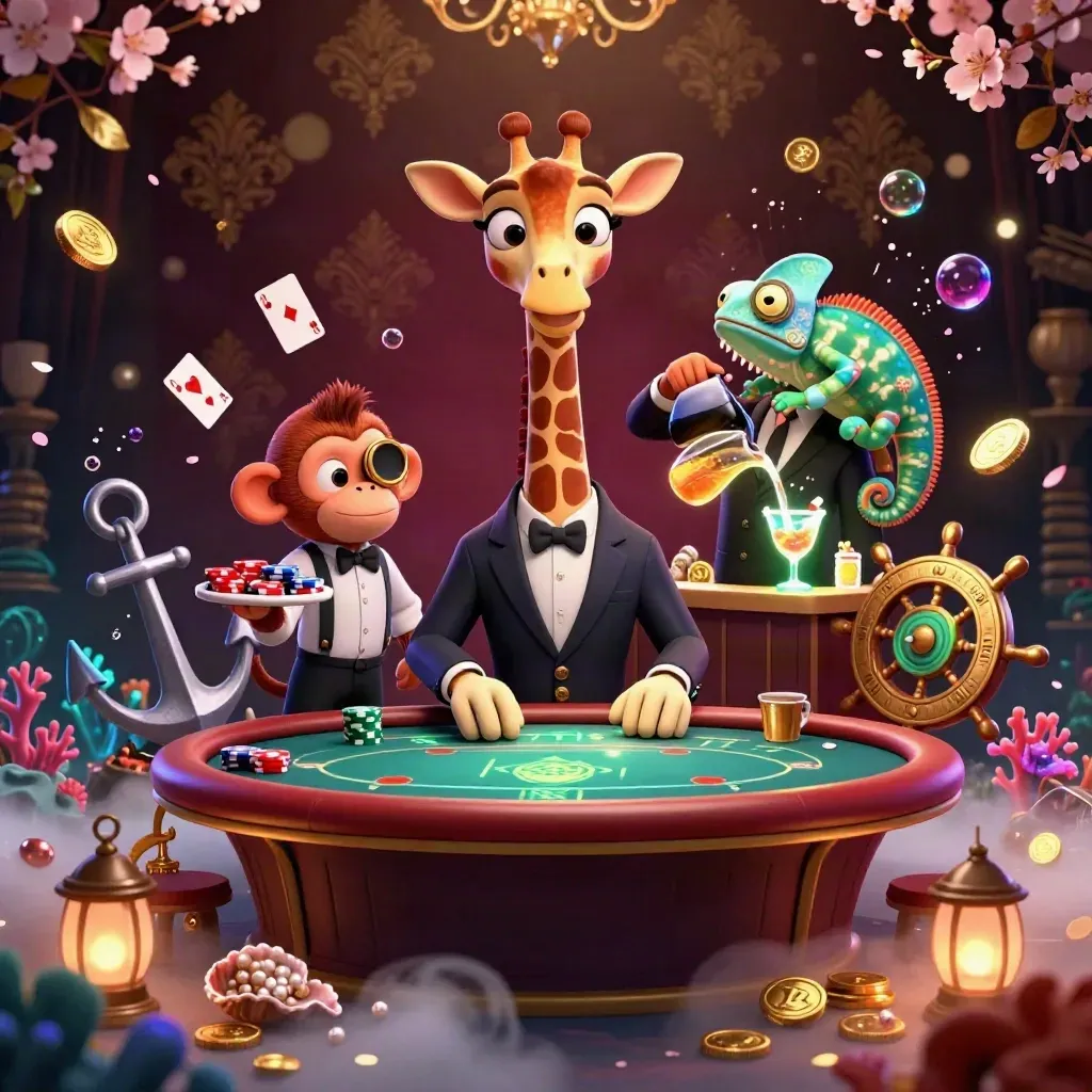 Giraffe, monkey, and chameleon in a treasure cove with coins, coral, and neon green glow.