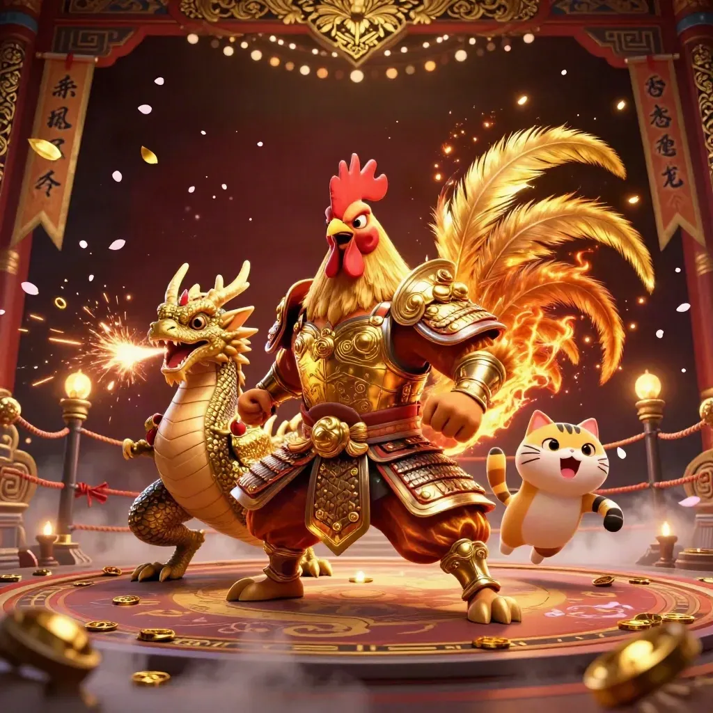 Rooster samurai, spark-breathing hatchling and lucky cat amid temple coins and red energy.