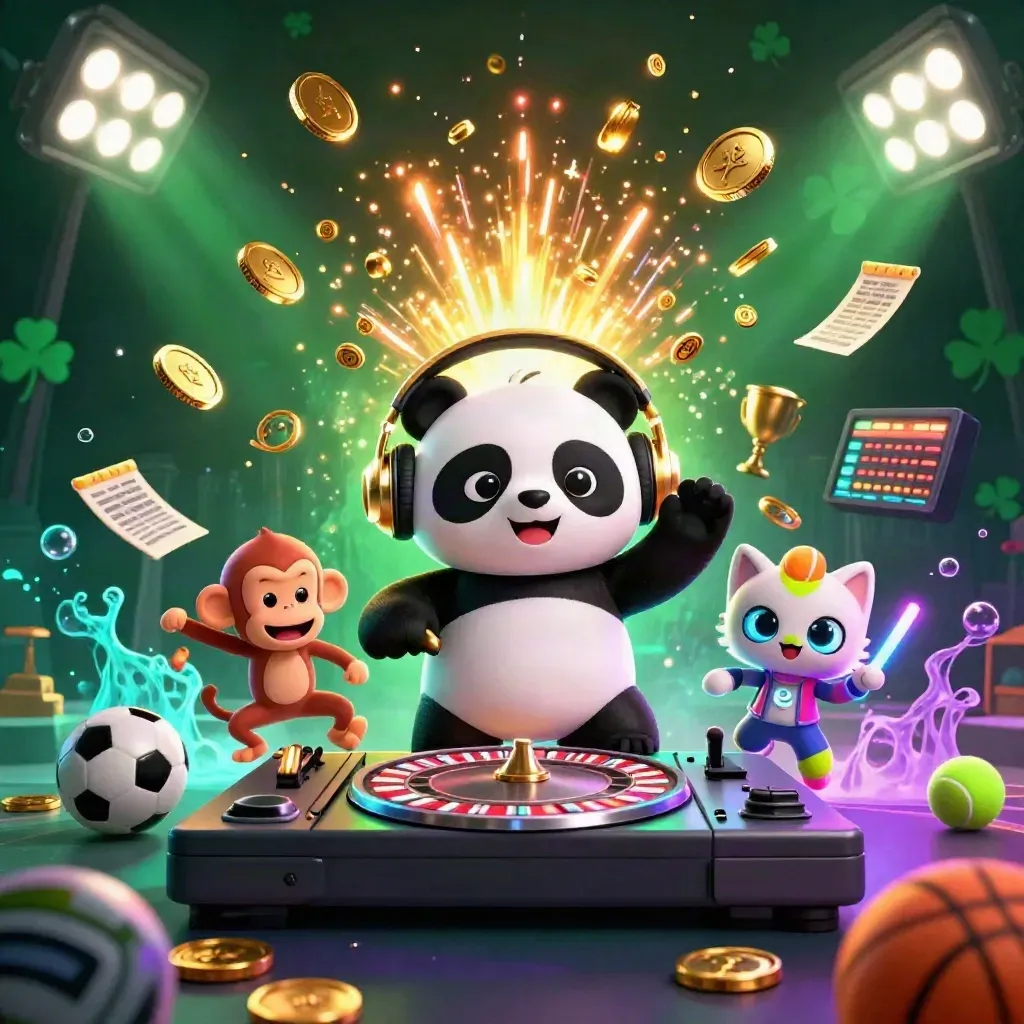 DJ panda, monkey, and rave kitten amid coins, trophy, balls, fireworks, and neon casino glow.