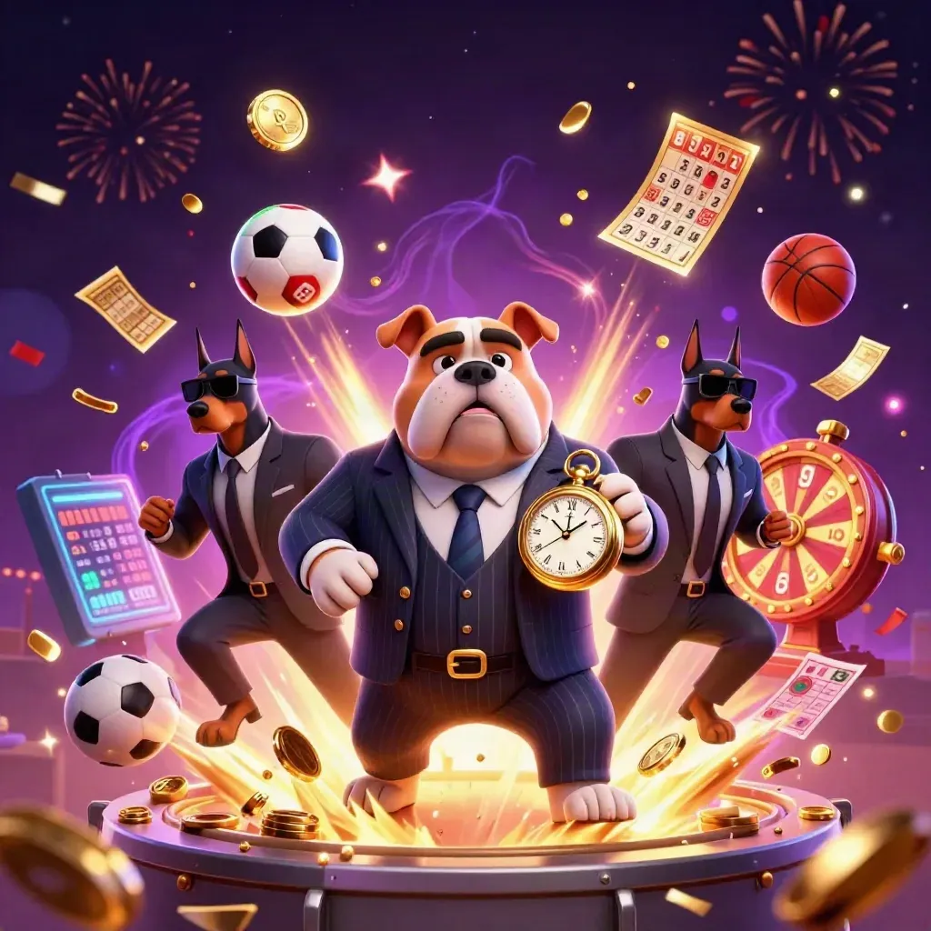 Bulldog mob boss and Doberman guards amid coins, balls, fireworks, and casino loot
