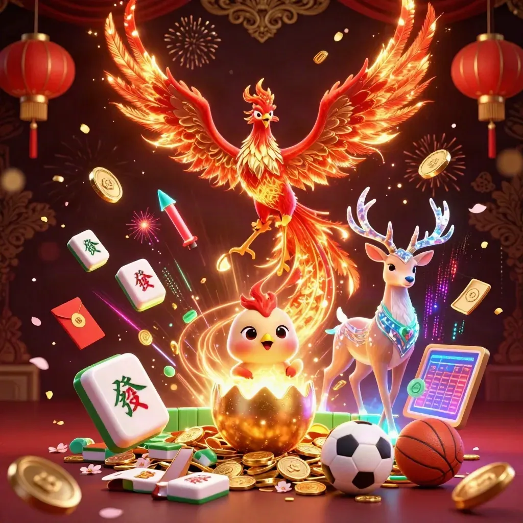Phoenix, baby phoenix, and crystal stag amid coins, fireworks, and casino treasures.
