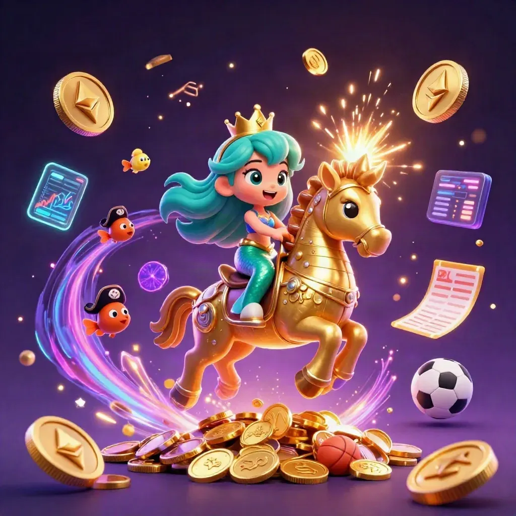 Mermaid princess on armored seahorse amid coins, fireworks, sports props and neon casino effects.