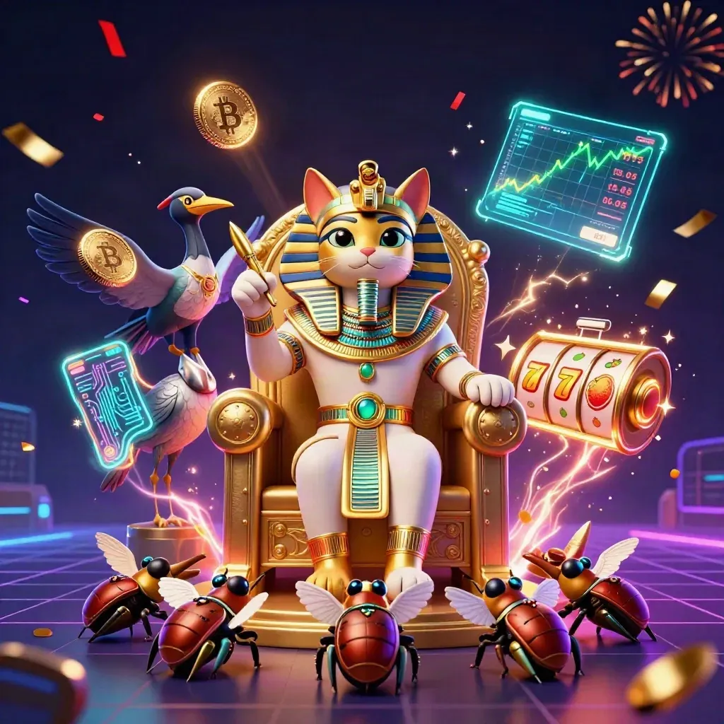 Pharaoh cat, ibis scribe, and gem-winged scarabs amid casino coins, reels, lightning, and neon effects.